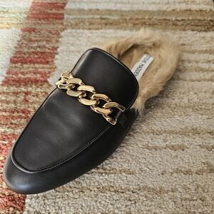 Black Fur-Lined Loafers with Gold Chain